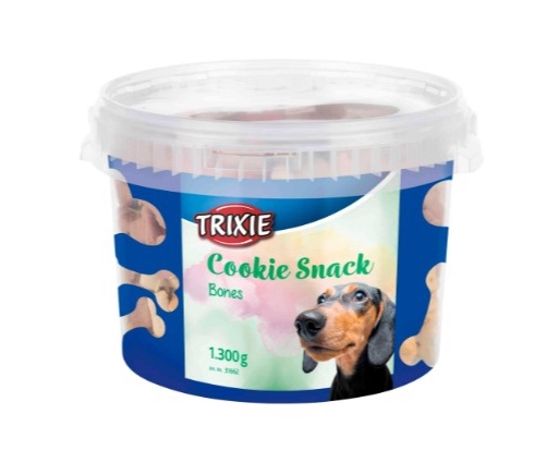 Embalagem plástica de snacks para cães TRIXIE Cookie Snack Bones 1300g com imagem de cão e ossos