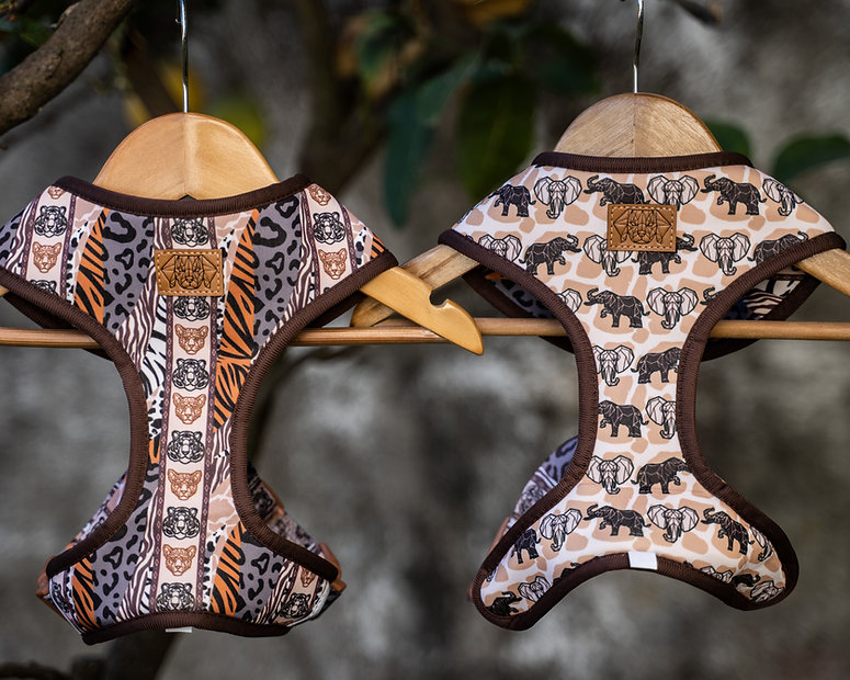 Dois peitorais para cães com estampas animais pendurados em cabides de madeira.