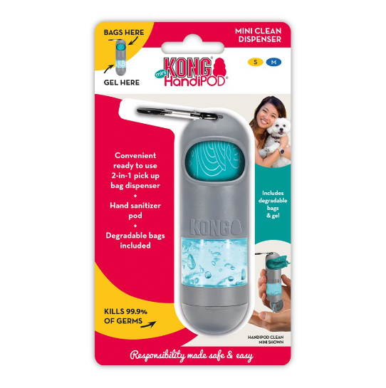 Dispensador mini KONG HandiPOD cinza com saco e gel desinfetante em embalagem colorida