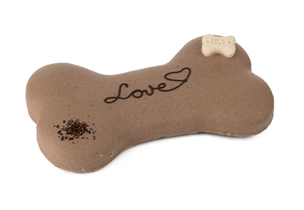 brinquedo para cão em forma de osso castanho claro com texto Love