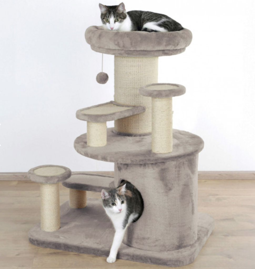 Arranhador cinzento para gatos com várias plataformas e postes