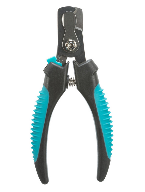 Corta-unhas para animais com alças azul e preto e lâminas metálicas