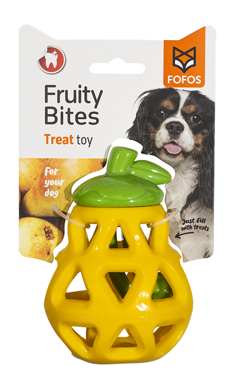 Brinquedo para cães em forma de fruta amarelo e verde na embalagem FOFOS