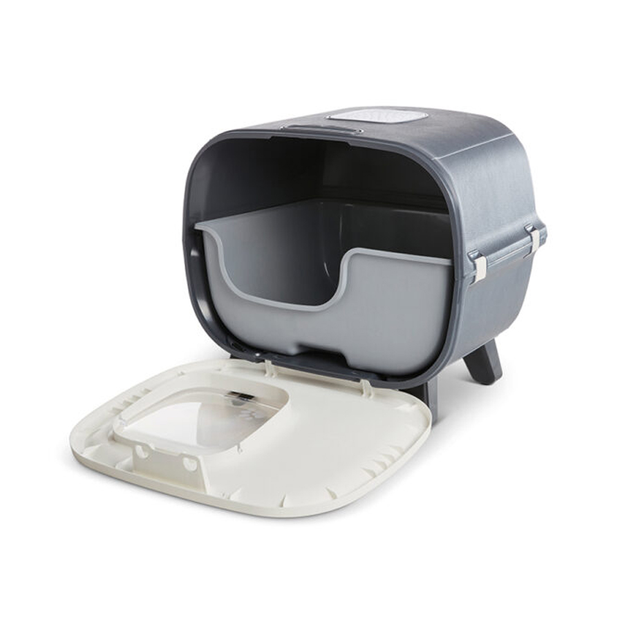 Caixa de areia para gato cinzenta com tampa branca aberta