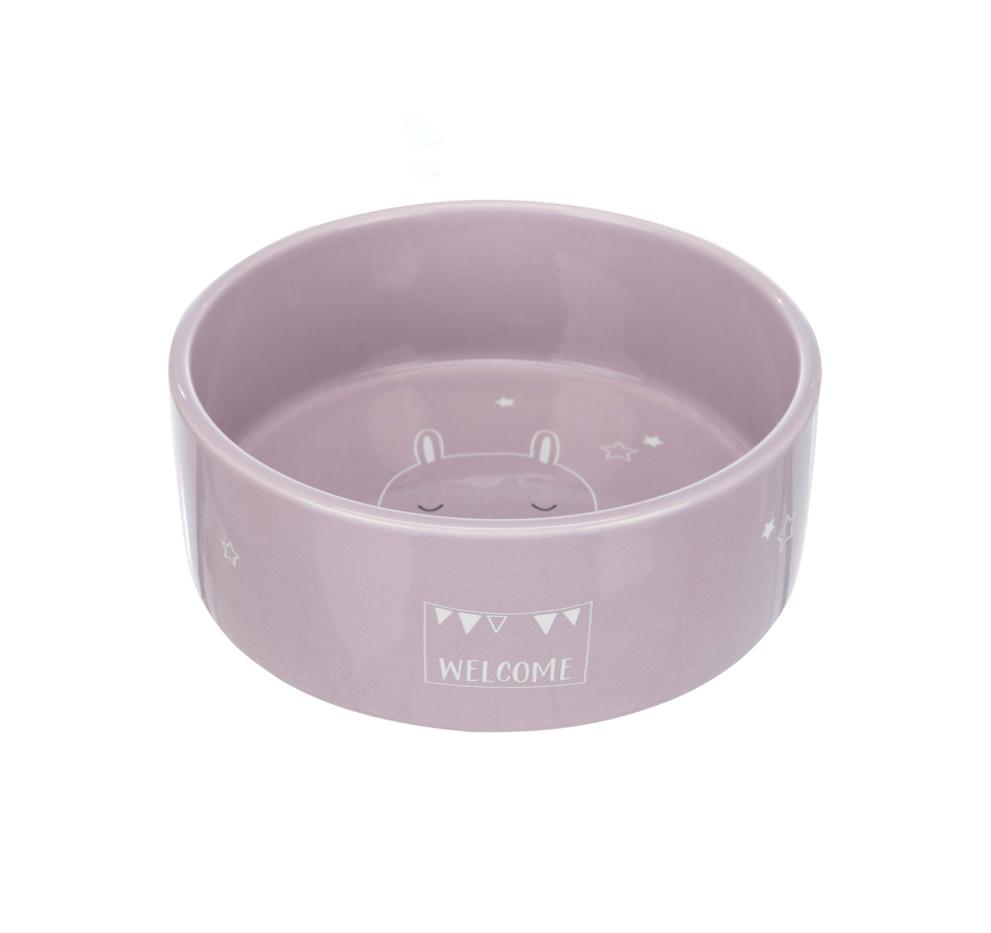 Tigela de cerâmica lilás com desenho de rosto de animal e texto WELCOME