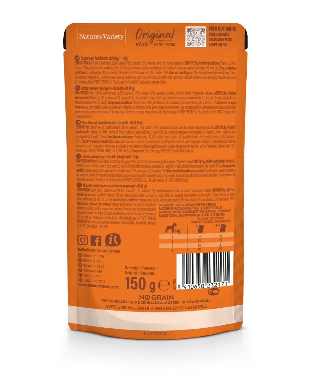 Embalagem traseira de paté Nature's Variety Original para animais, cor laranja com texto detalhado e código de barras.