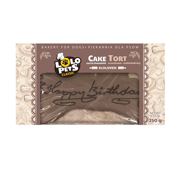 Bolo para cães LOL PETS Classic sabor noz e chocolate em embalagem castanha clara com texto Happy Birthday