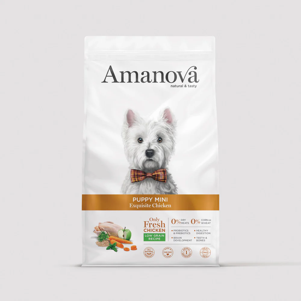 Saco de ração para cães Amanova Puppy Mini Exquisite Chicken com imagem de cão branco.