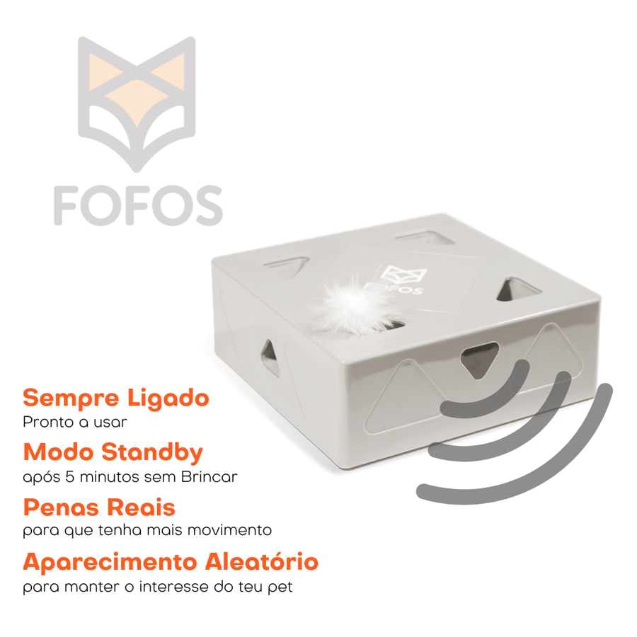 Brinquedo para pets cinza claro com penas brancas e marca FOFOS