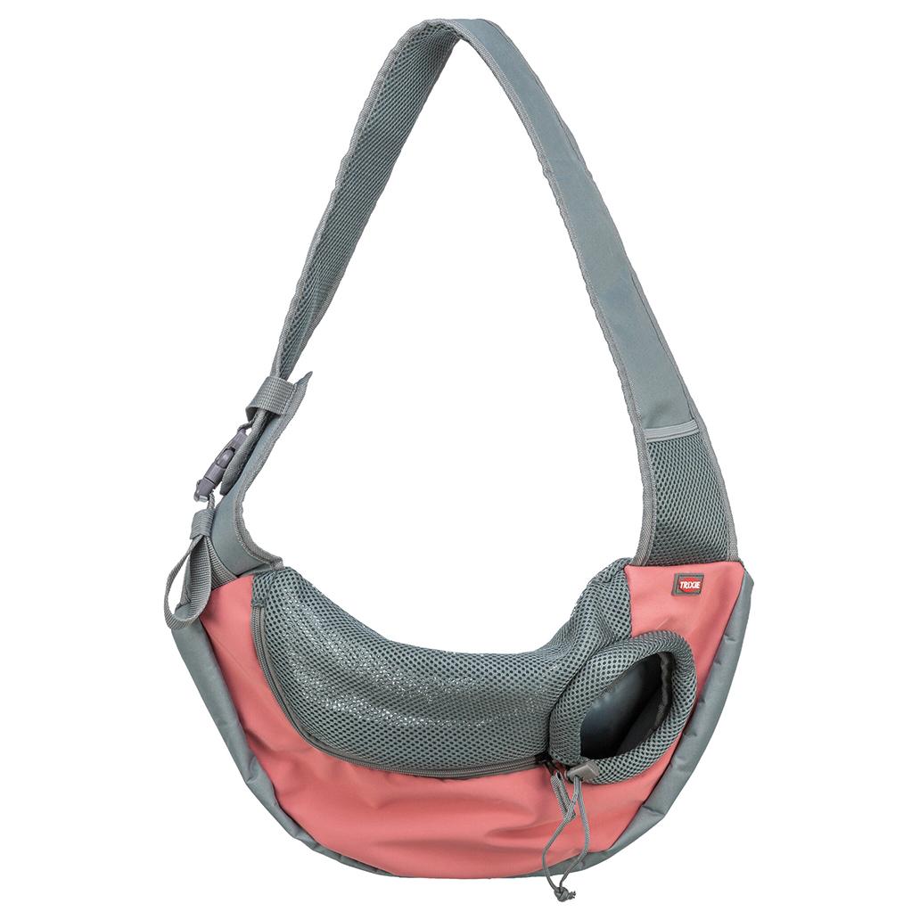 Saco transporte para animais rosa e cinzento com alça e bolso lateral