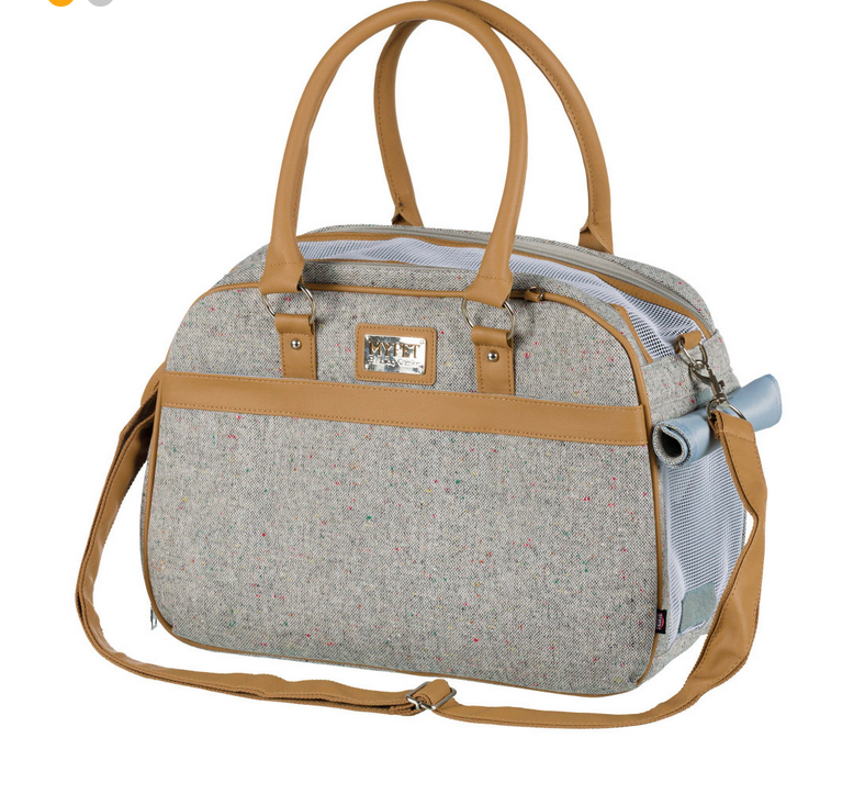 Mala de viagem cinzenta com detalhes castanhos e bolso lateral azul claro