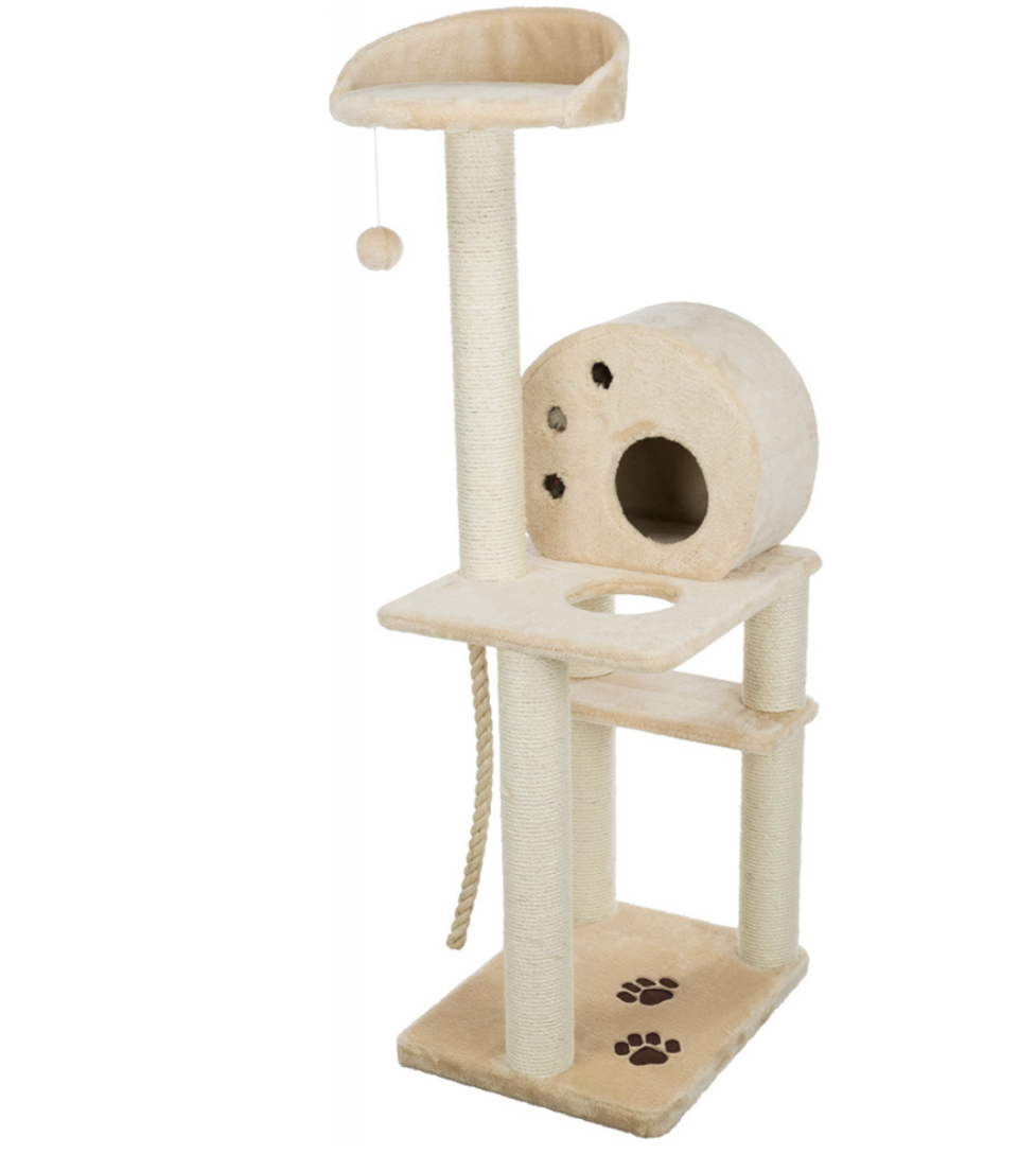 Arranhador para gatos bege com várias plataformas e brinquedo pendurado