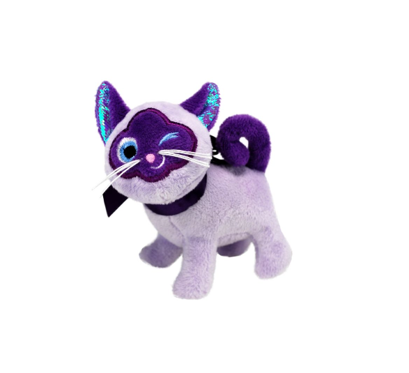 Pelúcia de gato lilás com orelhas brilhantes e olhos azuis