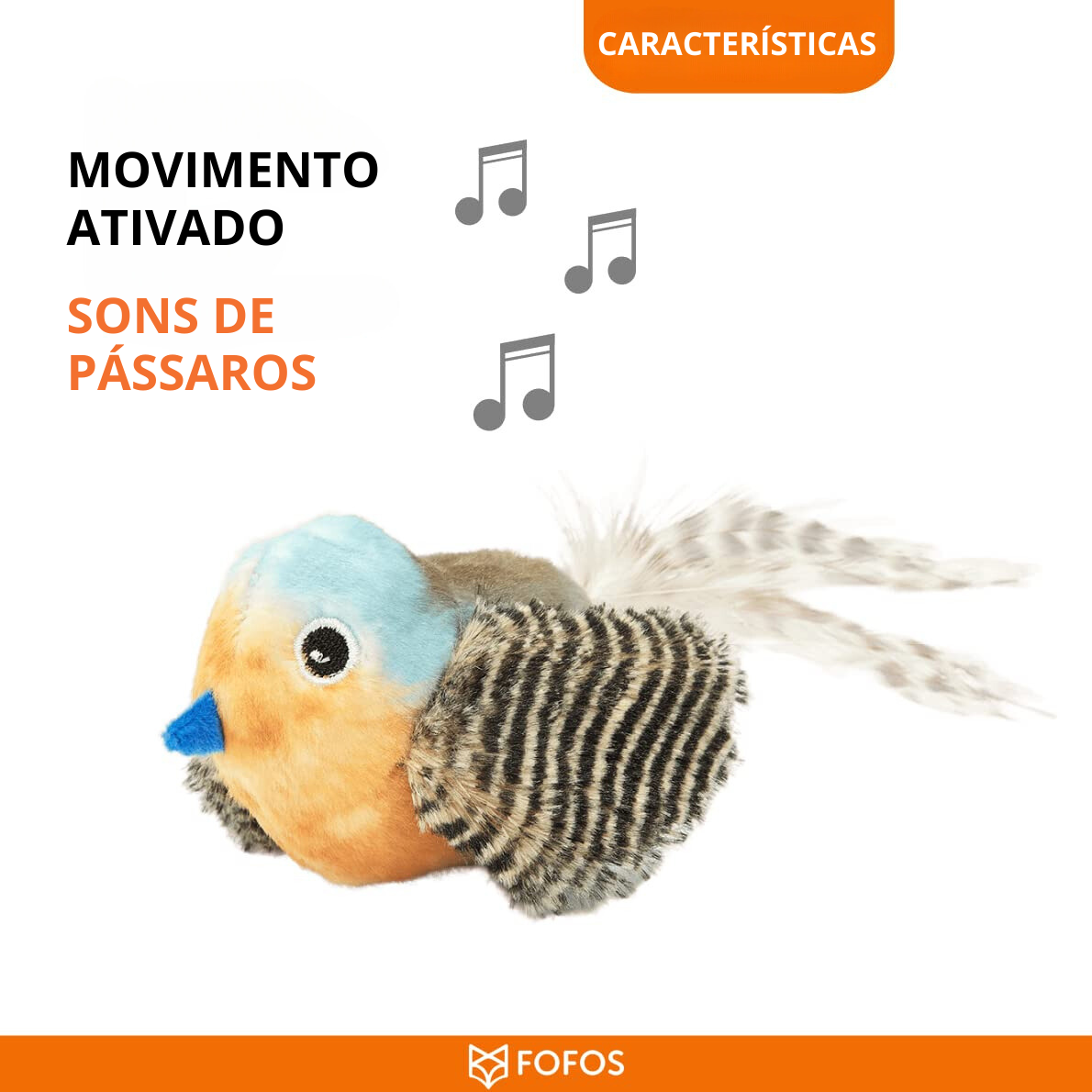 Pássaro de pelúcia com cabeça azul, peito laranja, asas riscadas e cauda de penas
