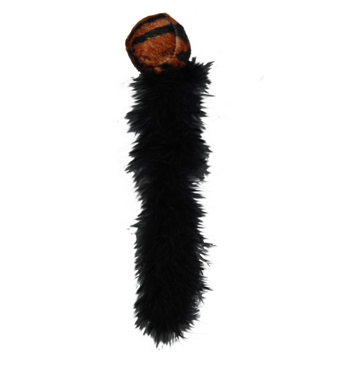 Brinquedo para animais com bola castanha com riscas pretas e cauda preta felpuda