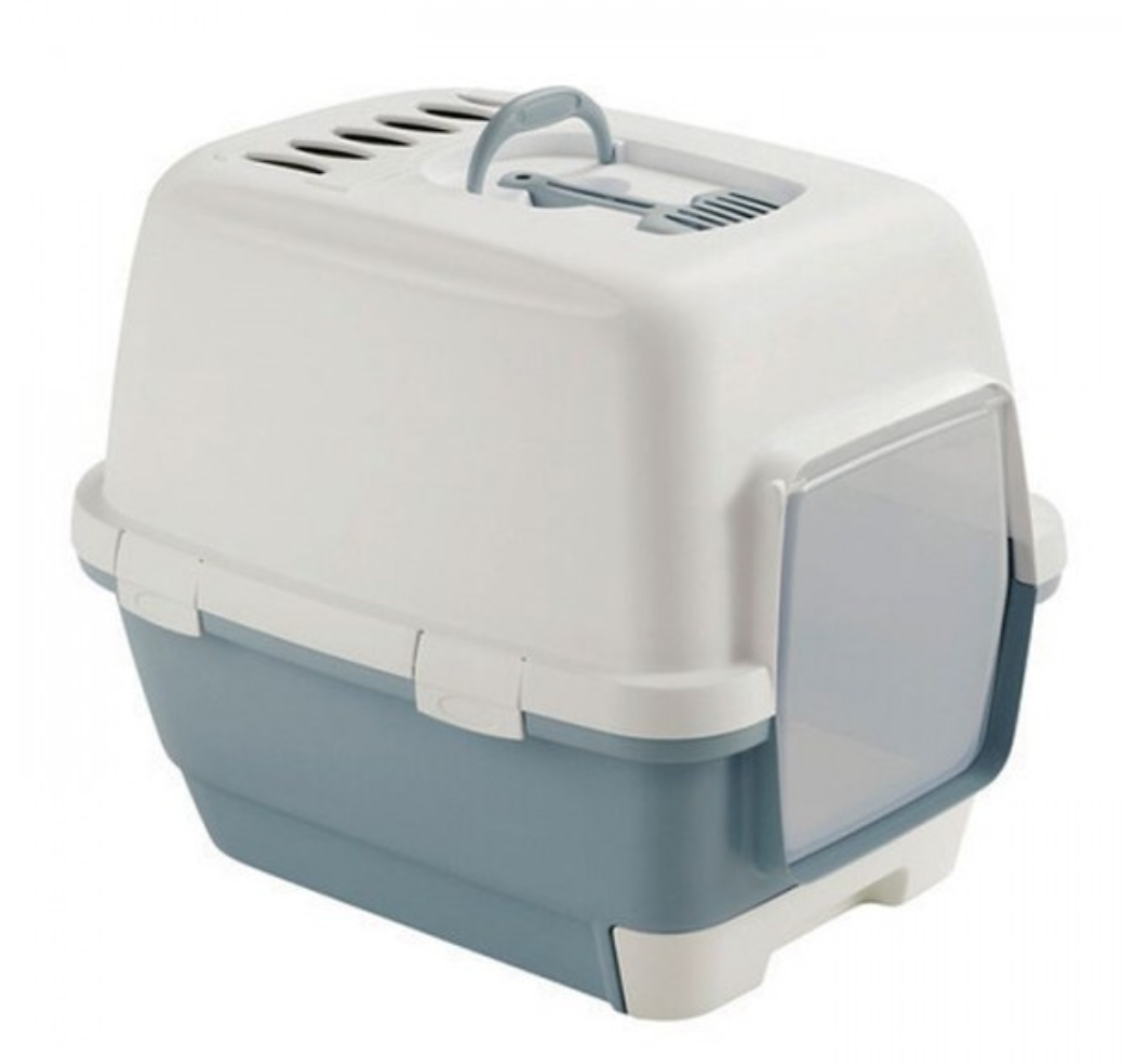 Casa de banho para gatos azul e branco com porta transparente e alça cinzenta