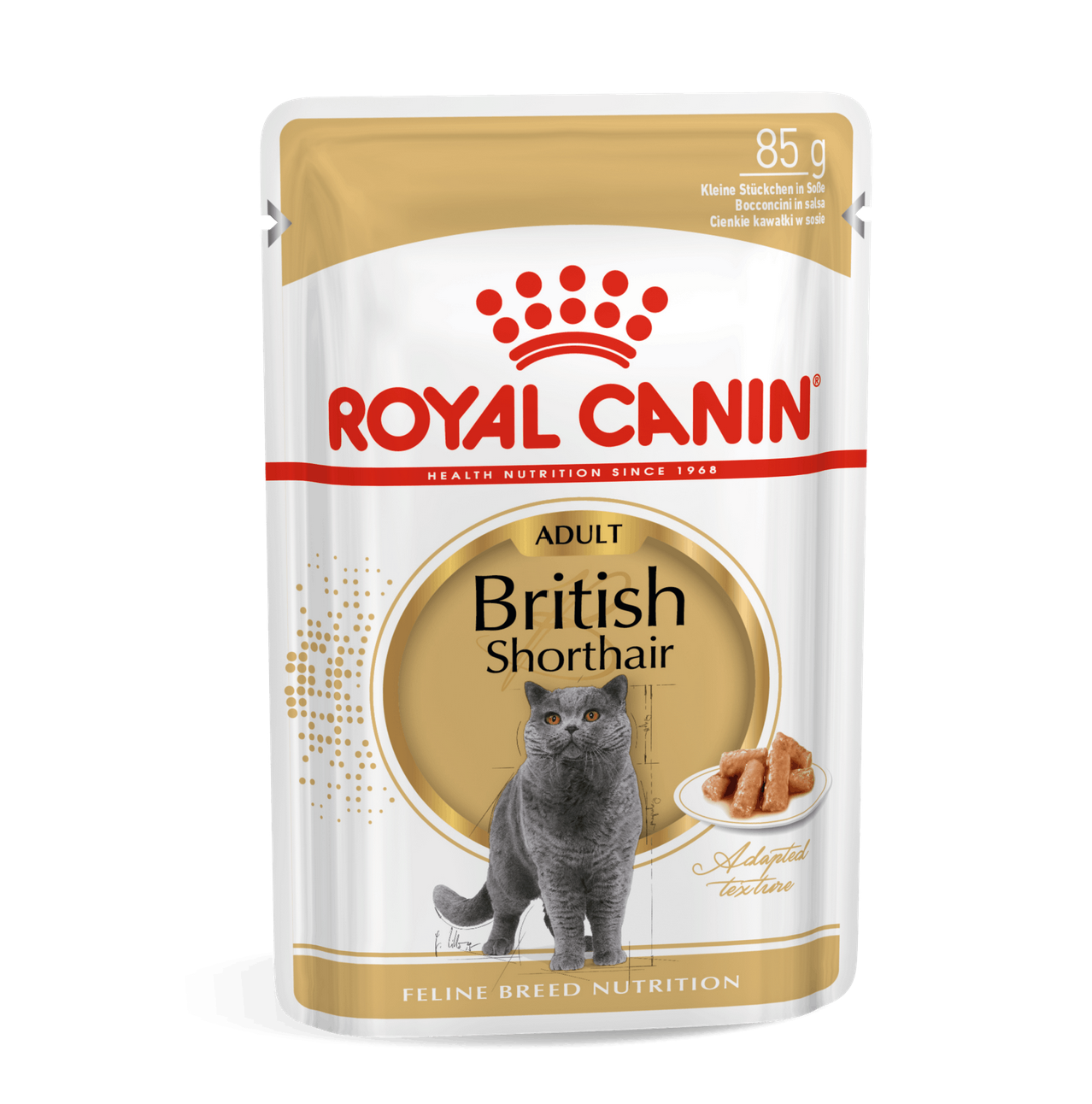 Emb. comida húmida Royal Canin British Shorthair 85g, branco e dourado, gato cinzento