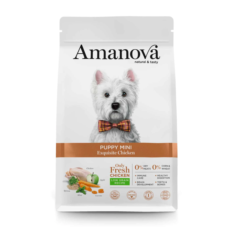 Embalagem de comida para cão Amanova Puppy Mini com foto de cão branco