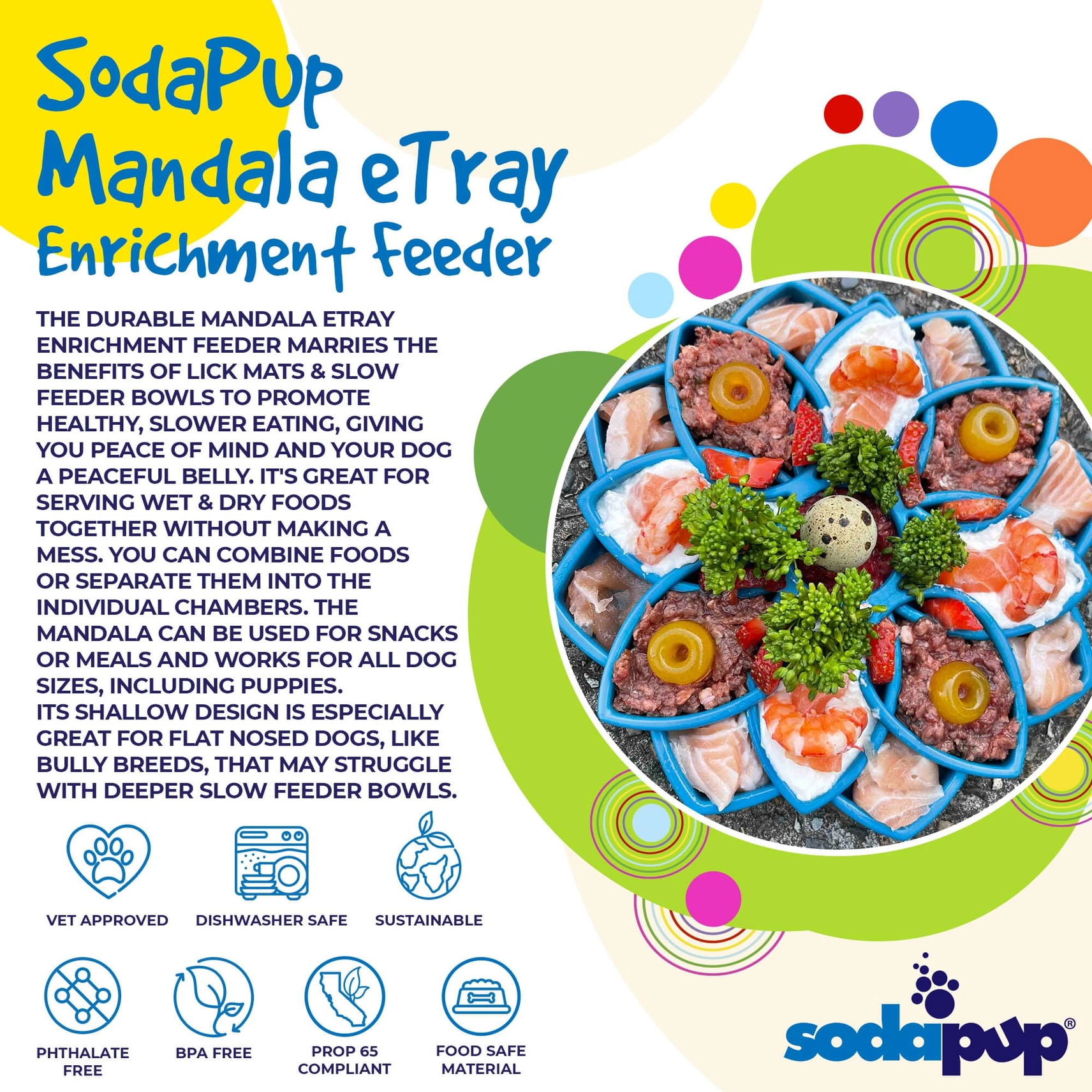 Comedouro SodaPup Mandala eTray azul com divisórias em forma de pétalas, cheio com carne moída, camarão, peixe, azeitonas, brócolos e ovo de codorniz no centro.