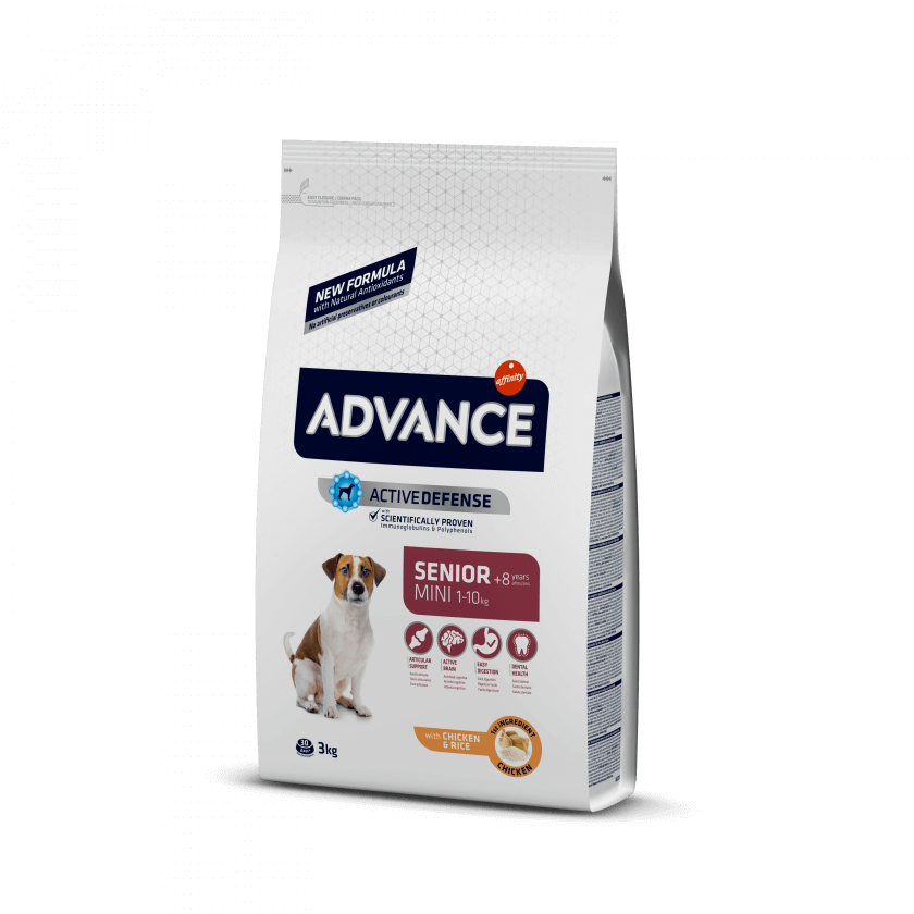 Saco branco de ração para cães ADVANCE Senior Mini 3kg com imagem de cão