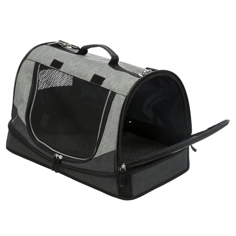 Transportadora para animais cinzenta e preta com rede e fechos prateados