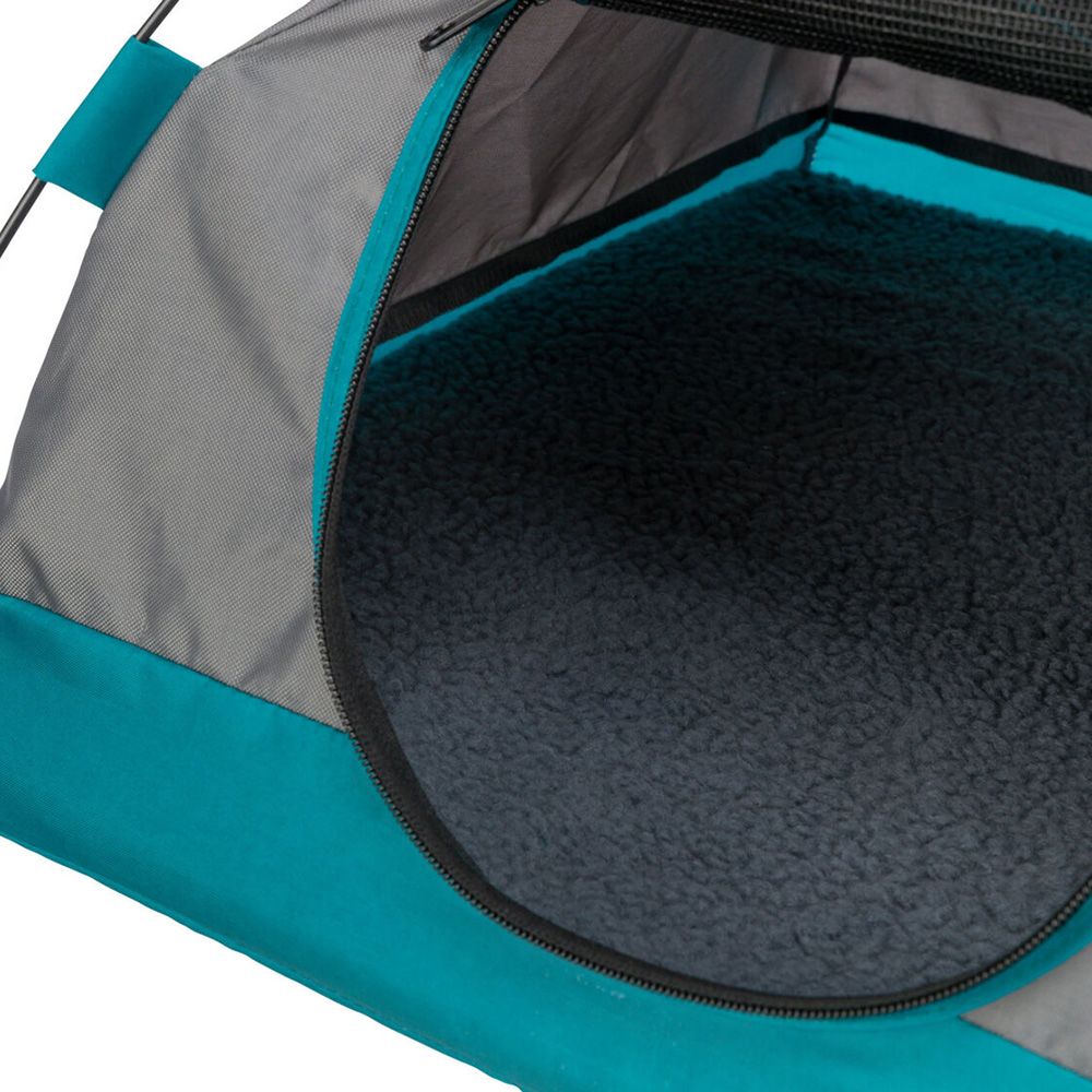 Tenda dobrável para animais cinza e azul turquesa com interior felpudo cinza escuro
