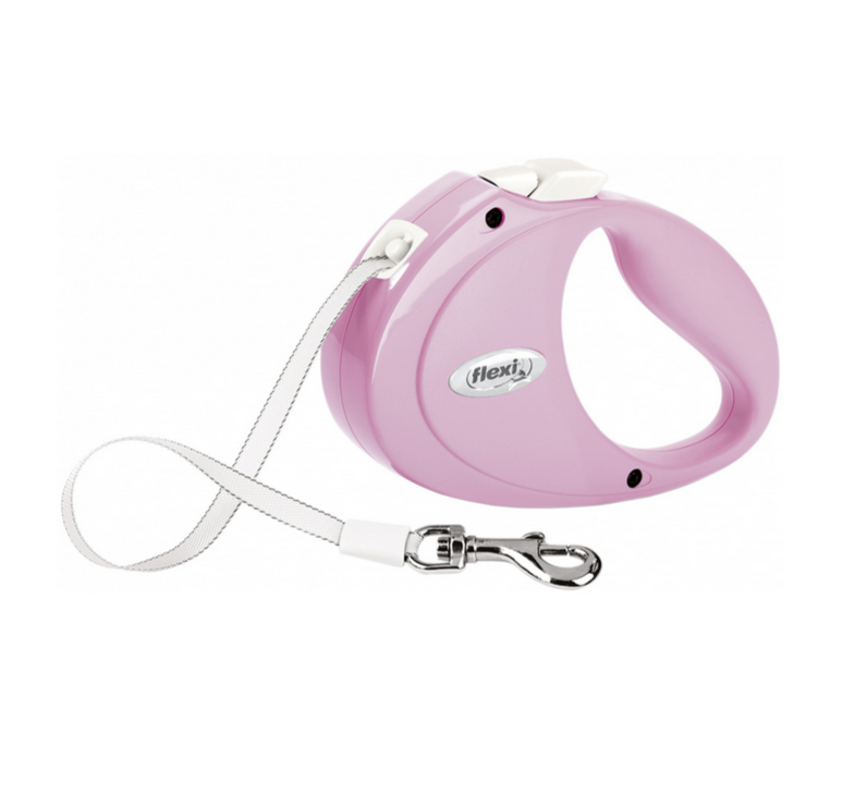 Trela retrátil rosa para cães com fita branca e gancho metálico