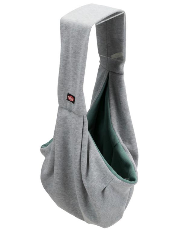 Mala de ombro tipo saco cinzento claro com interior verde e etiqueta TREK