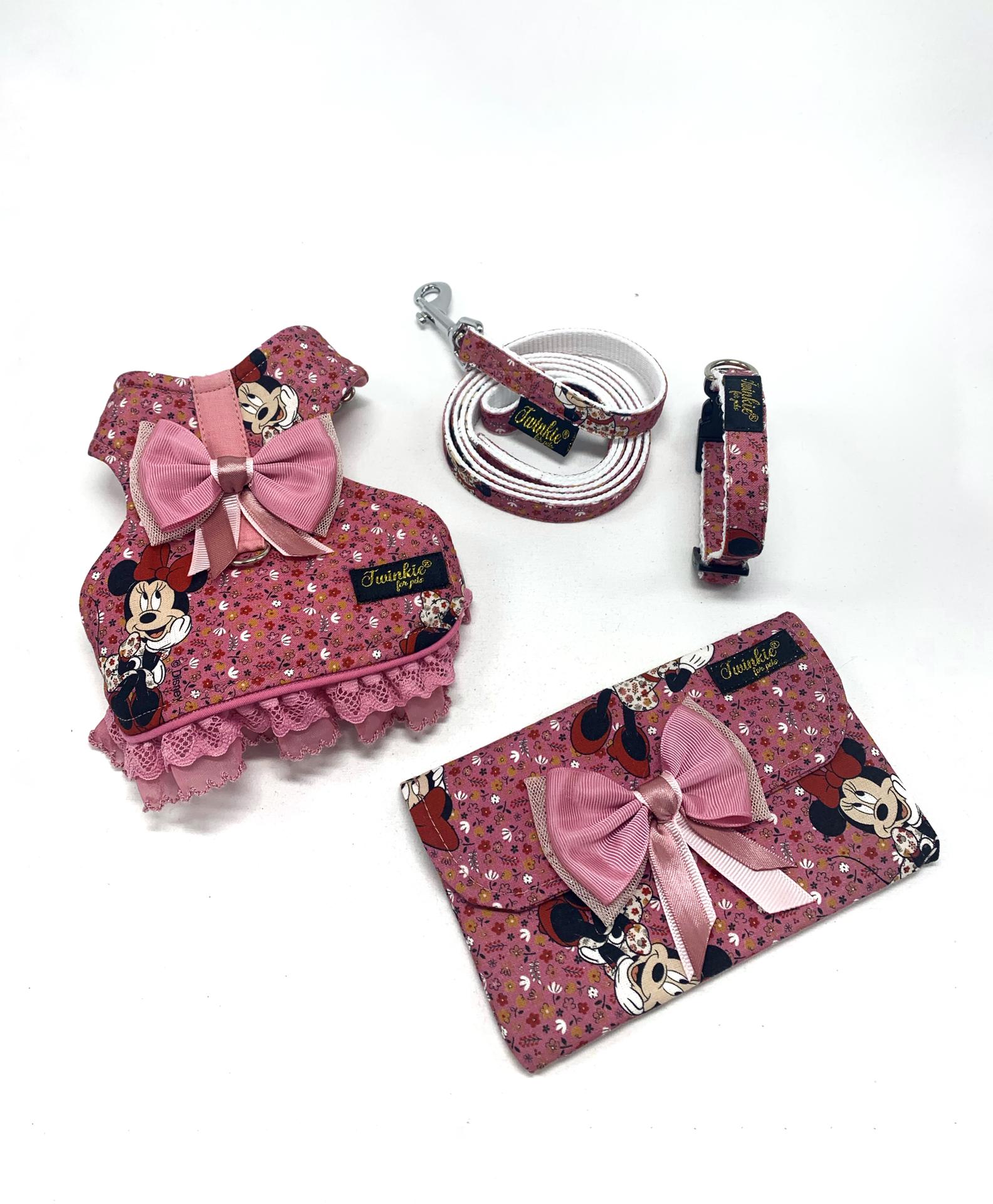 Conjunto rosa para animais de estimação com padrão da Minnie e laço