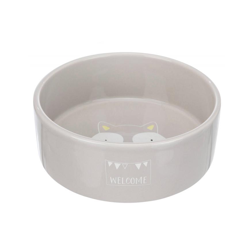 Tigela cerâmica cinzenta com desenho interior e texto WELCOME