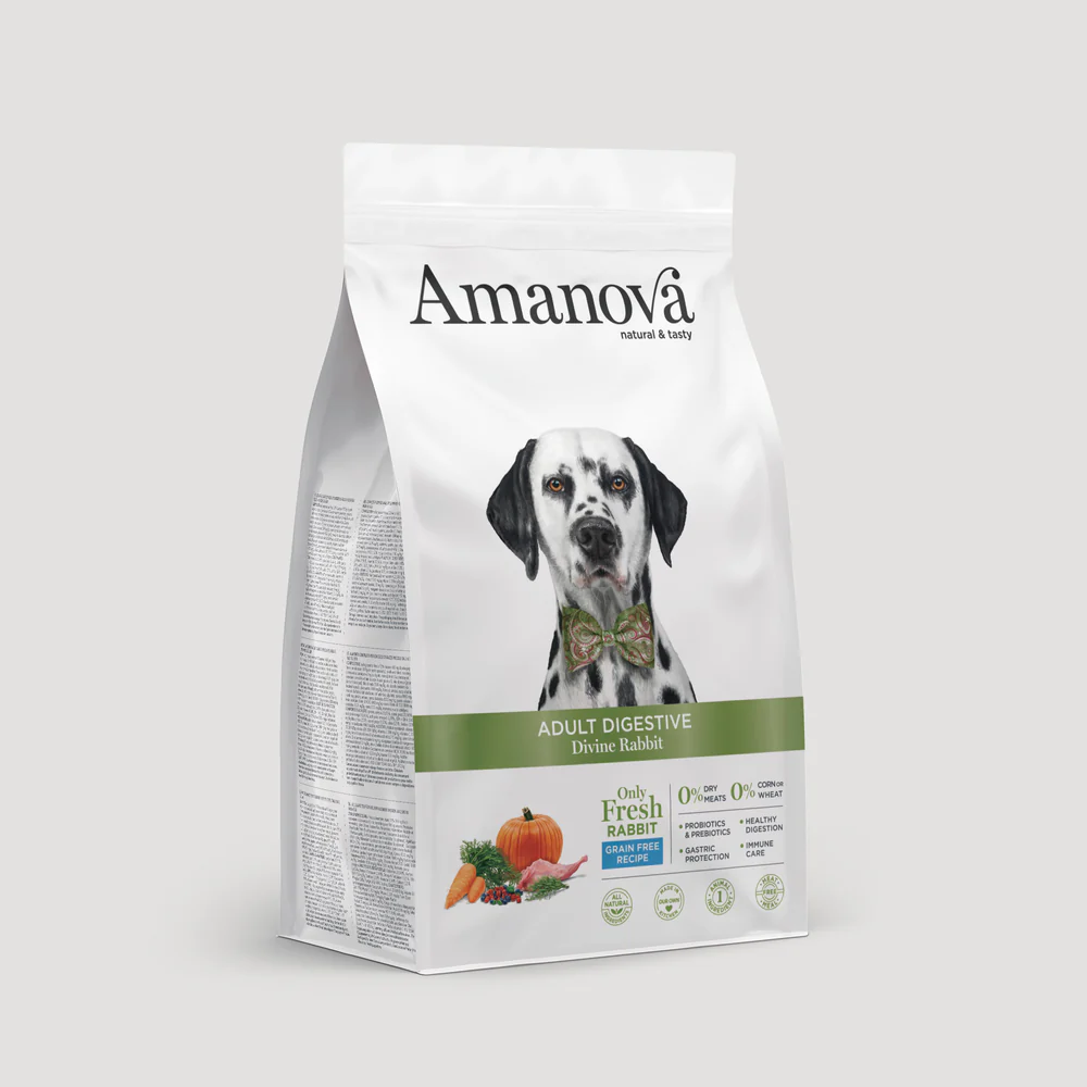 Saco branco de comida para cães Amanova com cão dálmata e texto sobre digestão