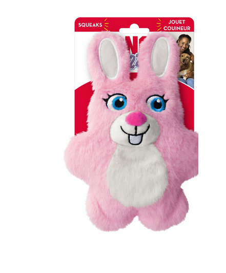 Brinquedo peluche para cão rosa em forma de coelho com olhos azuis.