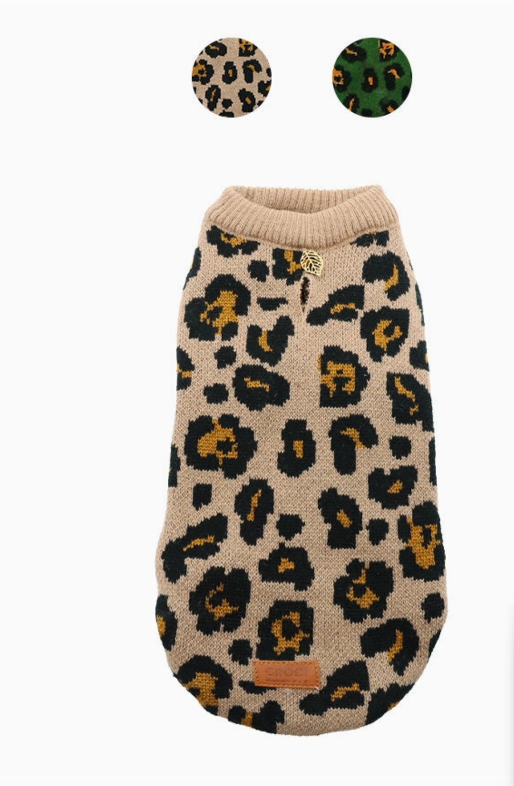 Camisola com padrão leopardo para cão, com gola canelada e pendente metálico.