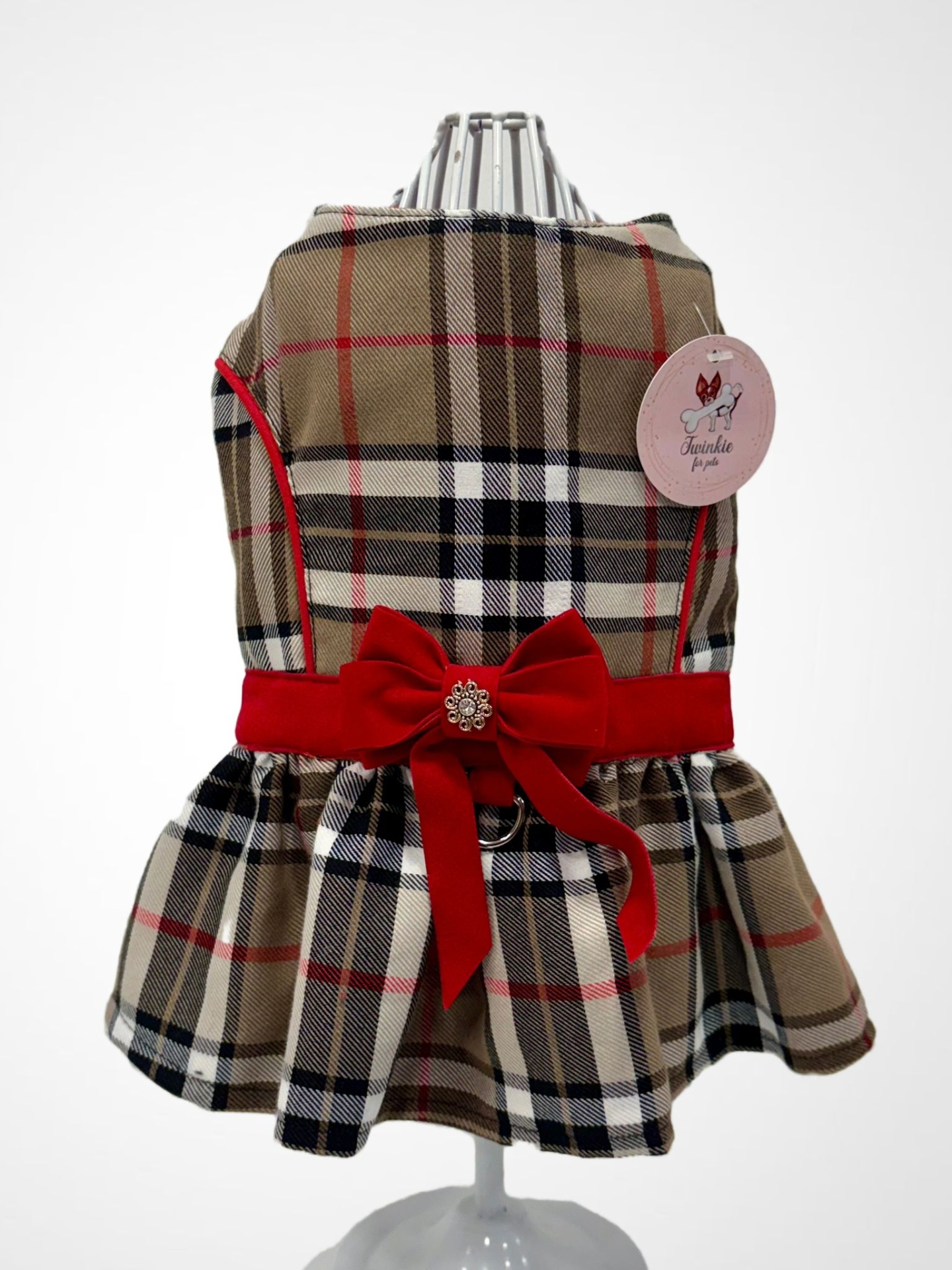 Vestido xadrez castanho com cinto vermelho e laço, etiqueta rosa Twinkie for pets
