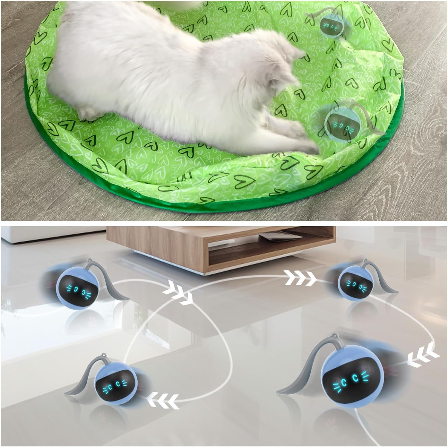 Gato branco numa almofada verde com corações e dispositivos eletrónicos digitais em fundo branco.
