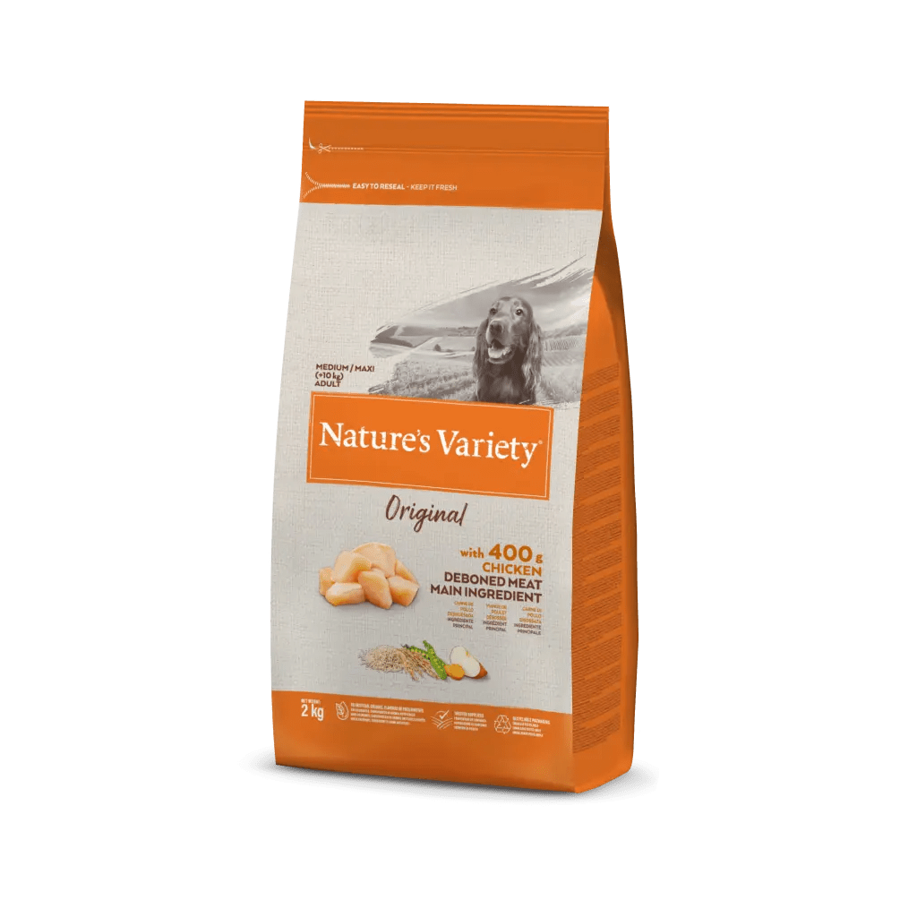 Saco de ração para cães Nature's Variety Original laranja e branco com imagem de cão e texto