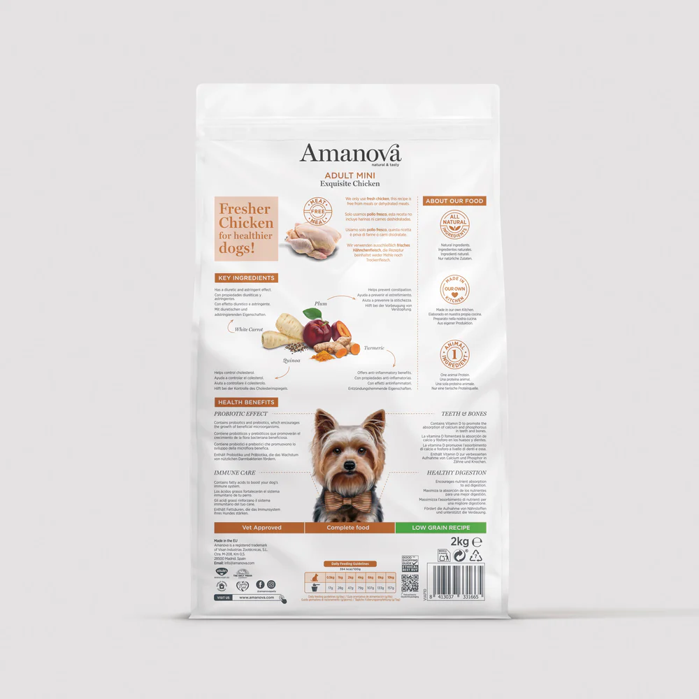 Embalagem de ração Amanova Adult Mini Exquisite Chicken para cães com texto e imagens de ingredientes