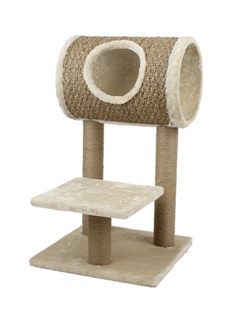 Arranhador para gatos com túnel superior e plataforma em tecido bege com colunas revestidas a corda