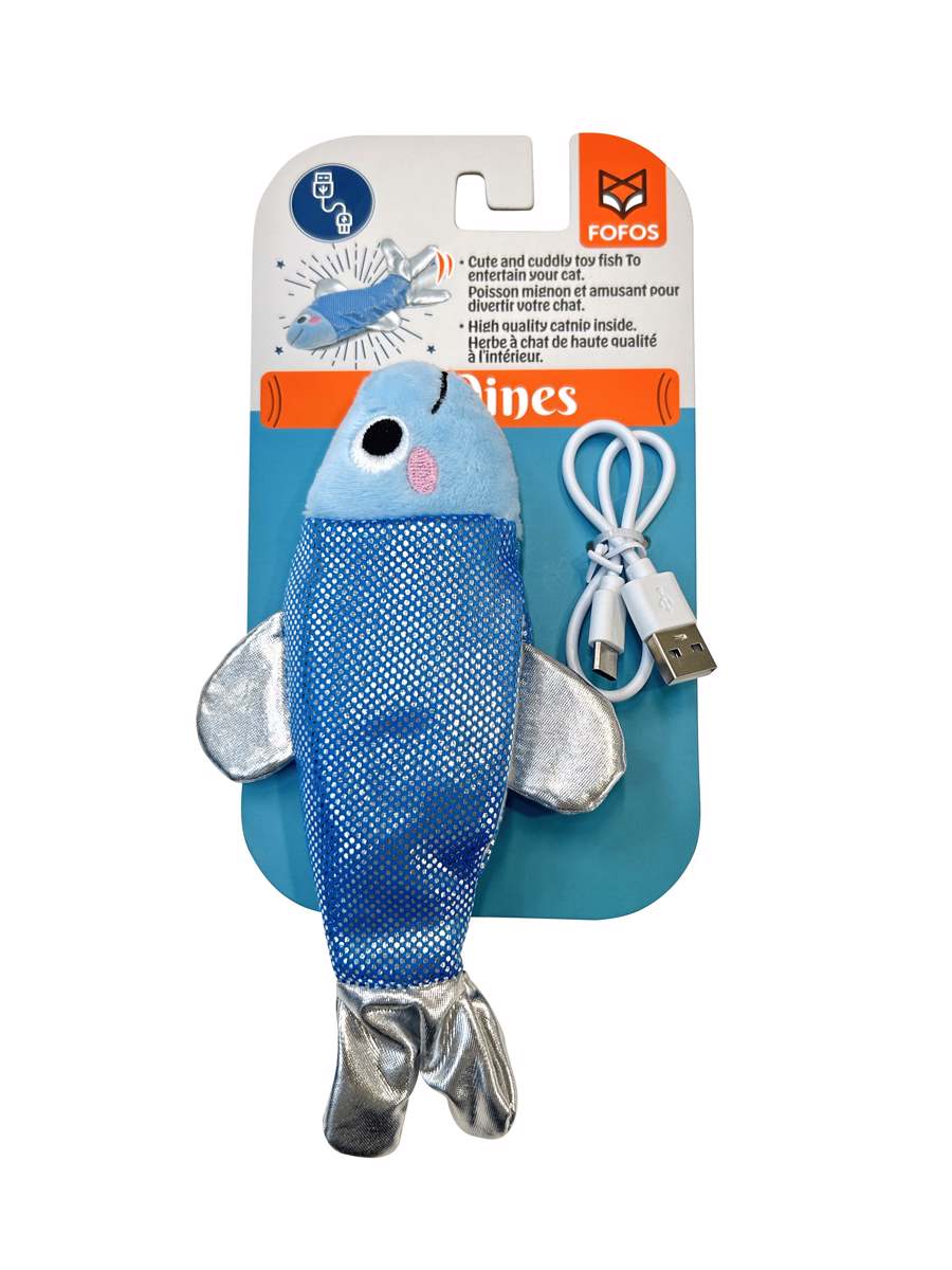 Brinquedo para gato em forma de peixe azul e prateado com cabo USB