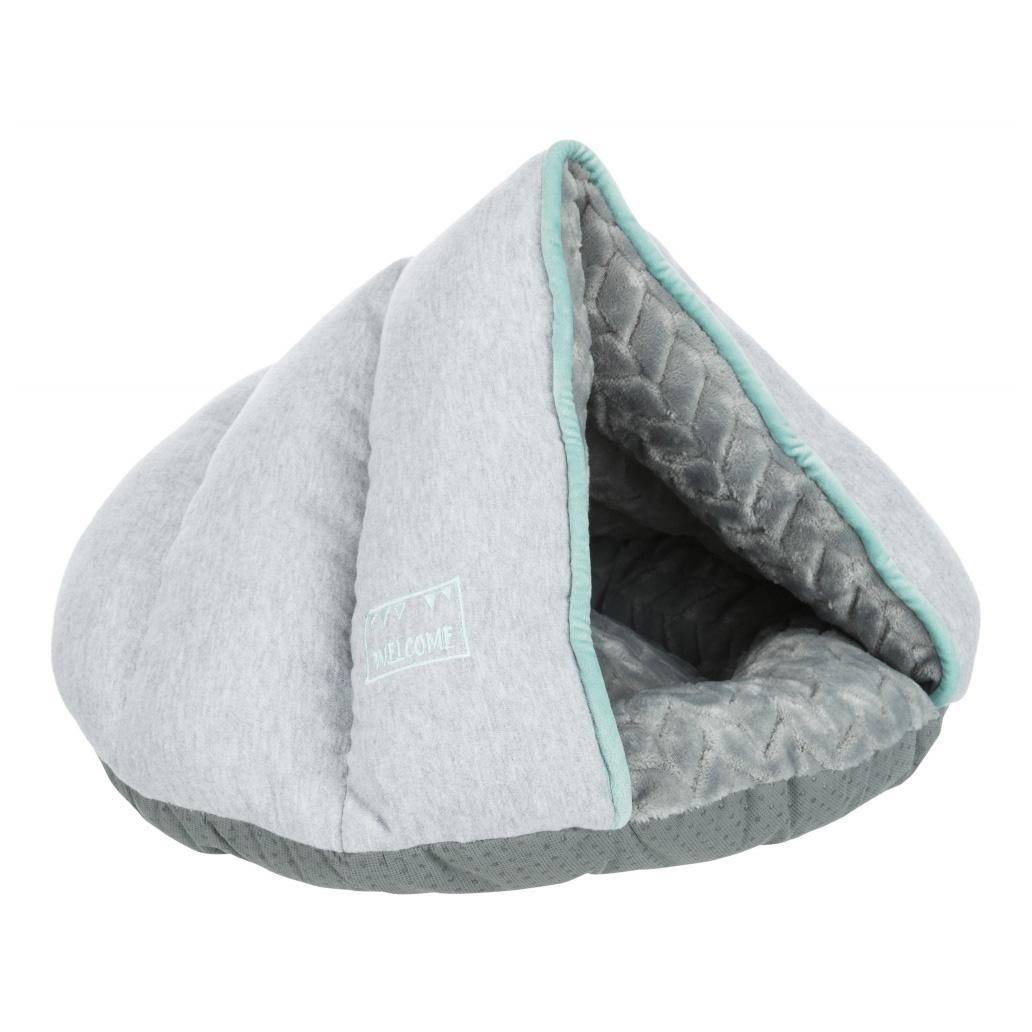 Toca para animais em tecido cinzento com borda verde água