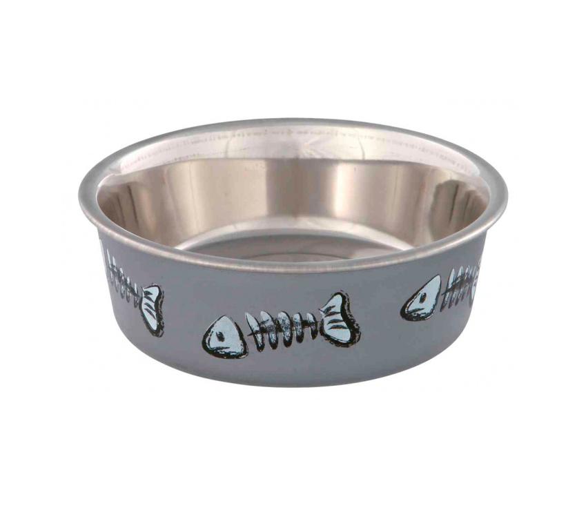 Taça cinzenta para animais com desenhos de ossos de peixe