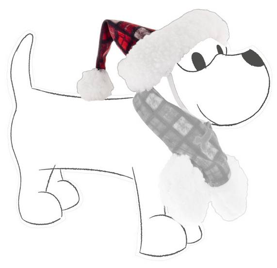 Desenho simples de cão com chapéu vermelho xadrez e cachecol cinzento xadrez