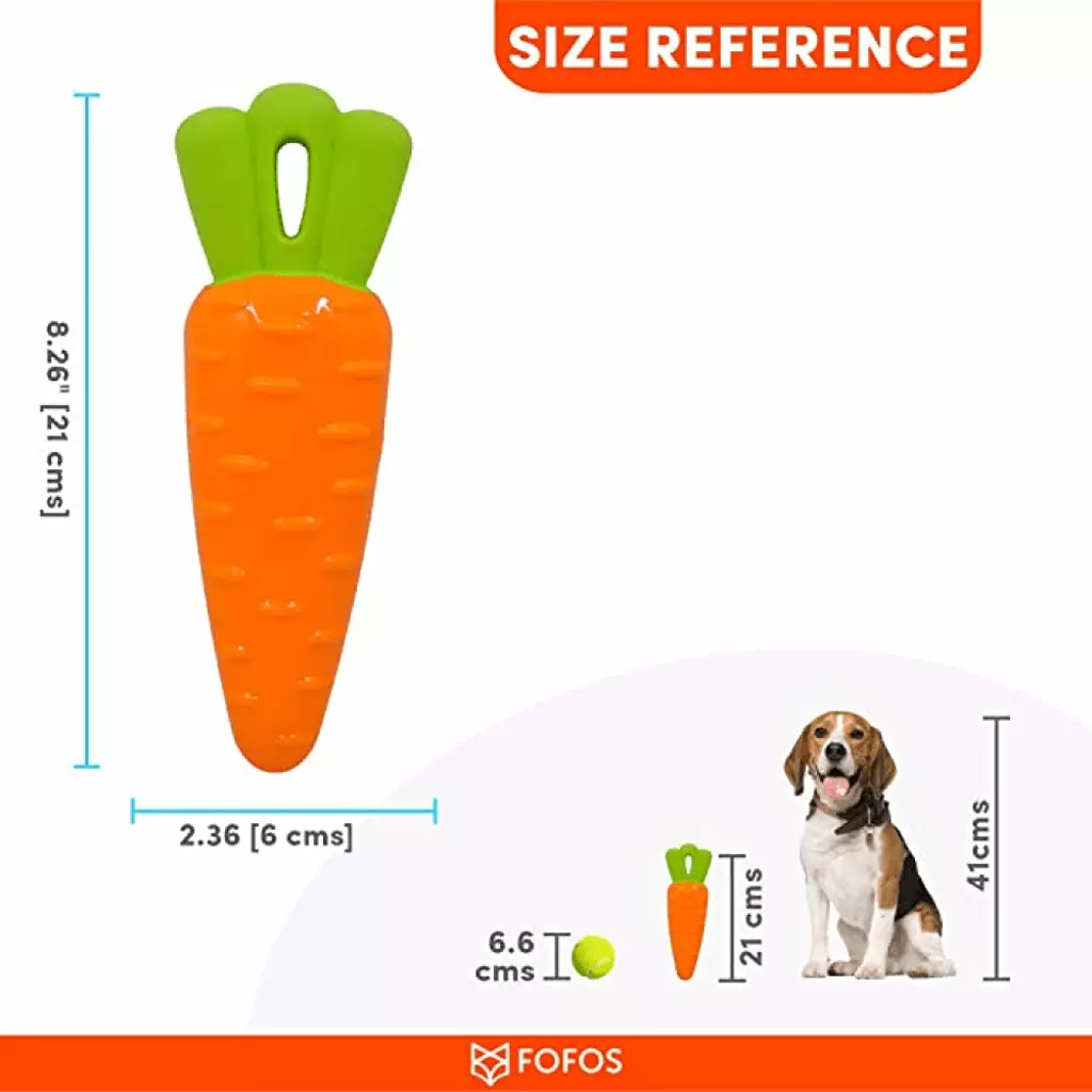Brinquedo para cães em forma de cenoura com medidas e comparação ao lado de uma bola de ténis e um cão beagle sentado.