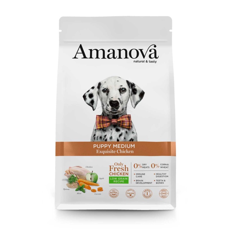 Pacote de ração Amanova Puppy Medium com cão dálmata e gravata borboleta