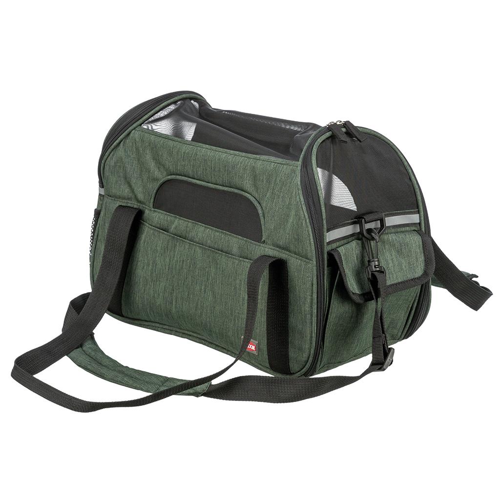 saco transporte animais tecido verde com detalhes pretos e rede para ventilação