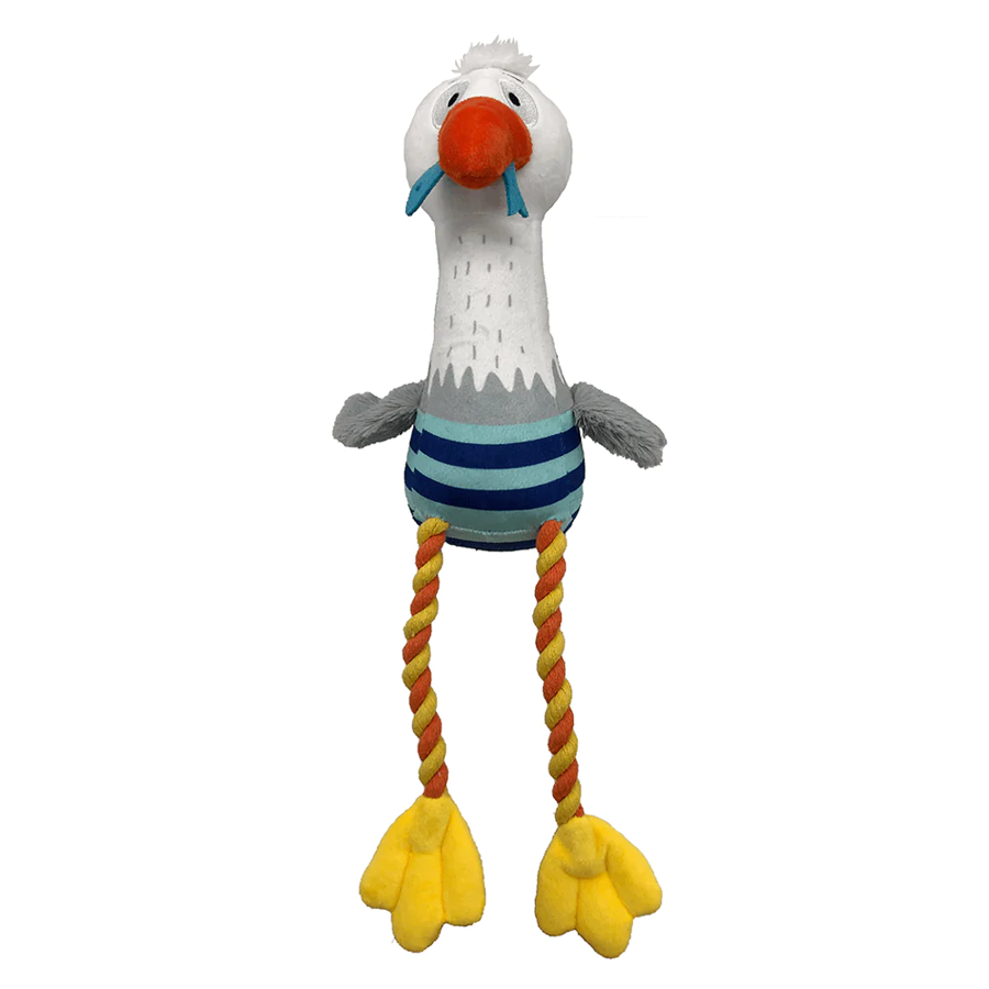 Boneco de peluche gaivota com riscas azuis e pernas de corda