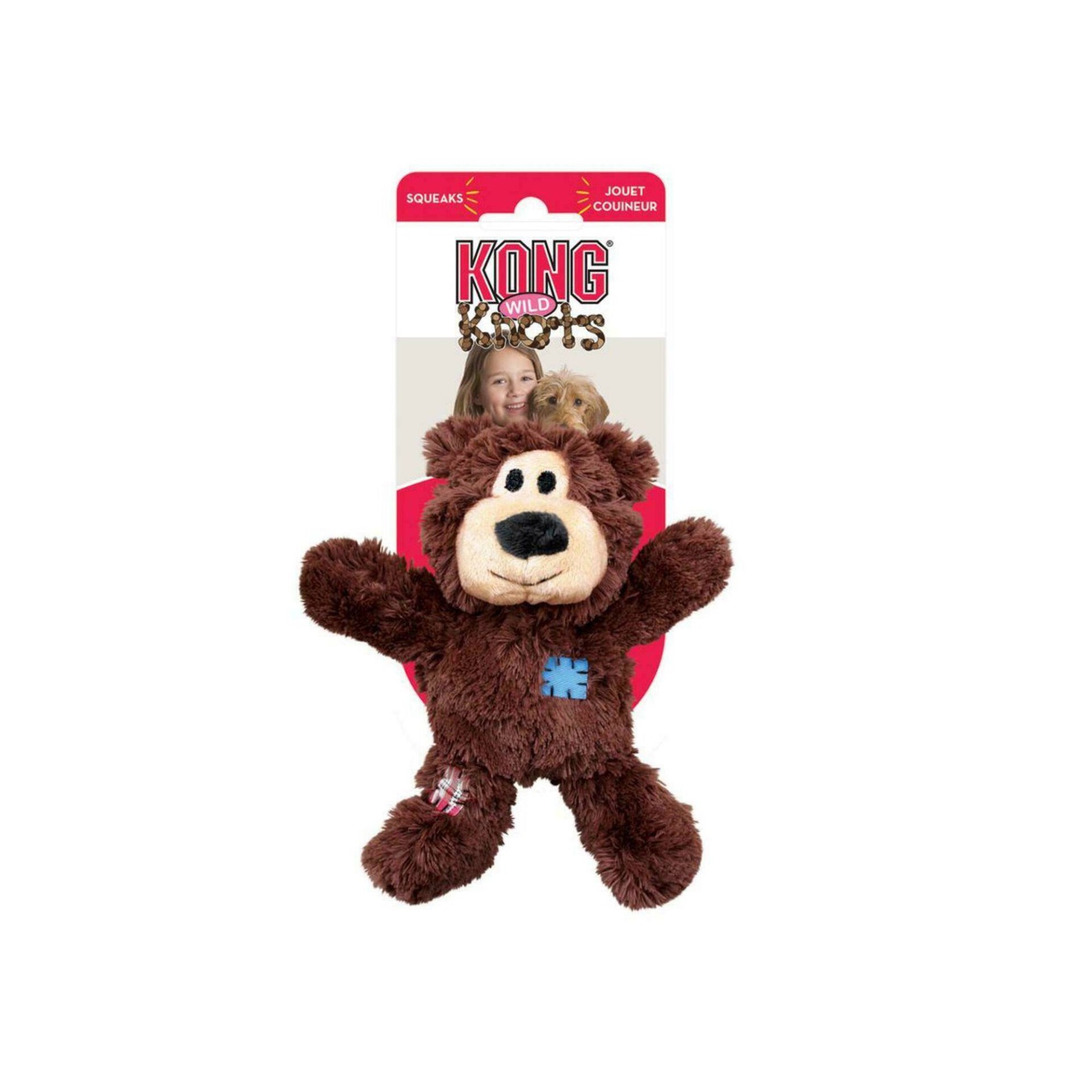 Brinquedo peluche urso castanho KONG Wild Knots em embalagem com imagem e texto