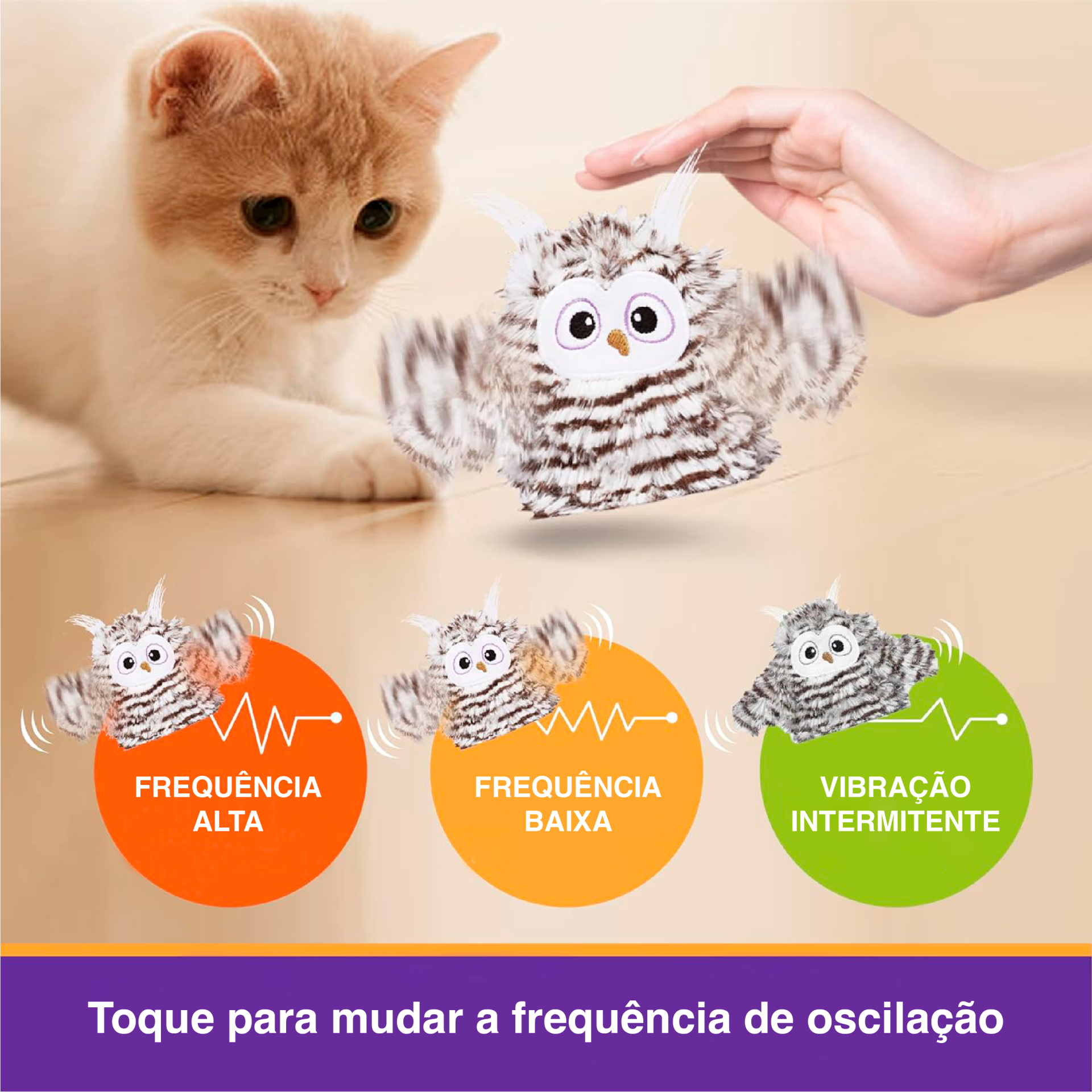 Brinquedo felpudo de coruja cinzenta para gato com indicações de frequências de vibração coloridas
