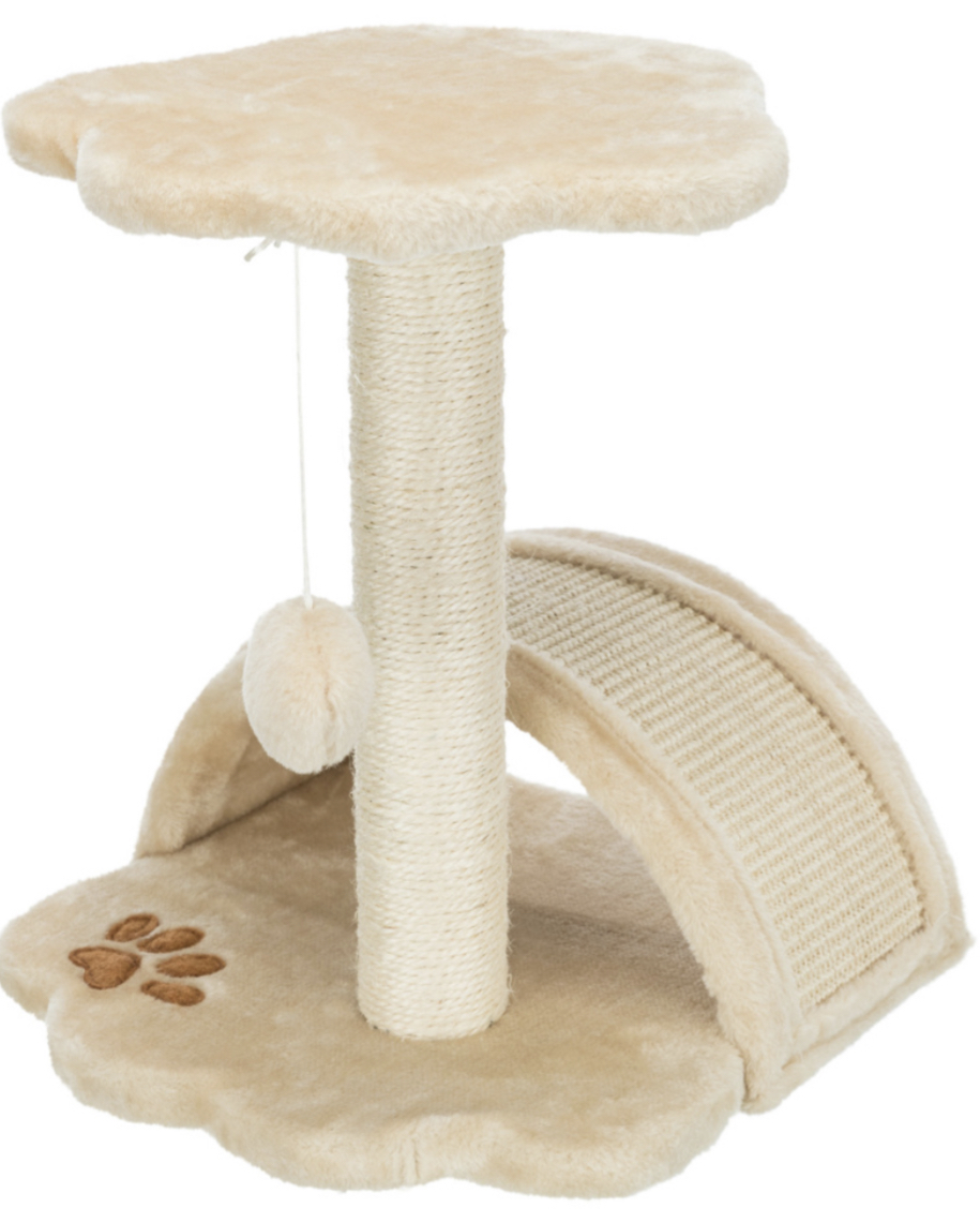 Arranhador para gatos bege com base e topo em forma de flor, coluna de sisal, brinquedo pendurado e rampa curva