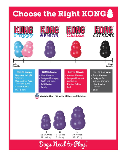 Quatro brinquedos KONG para cães em várias cores e tipos, com descrição e tabela de tamanhos